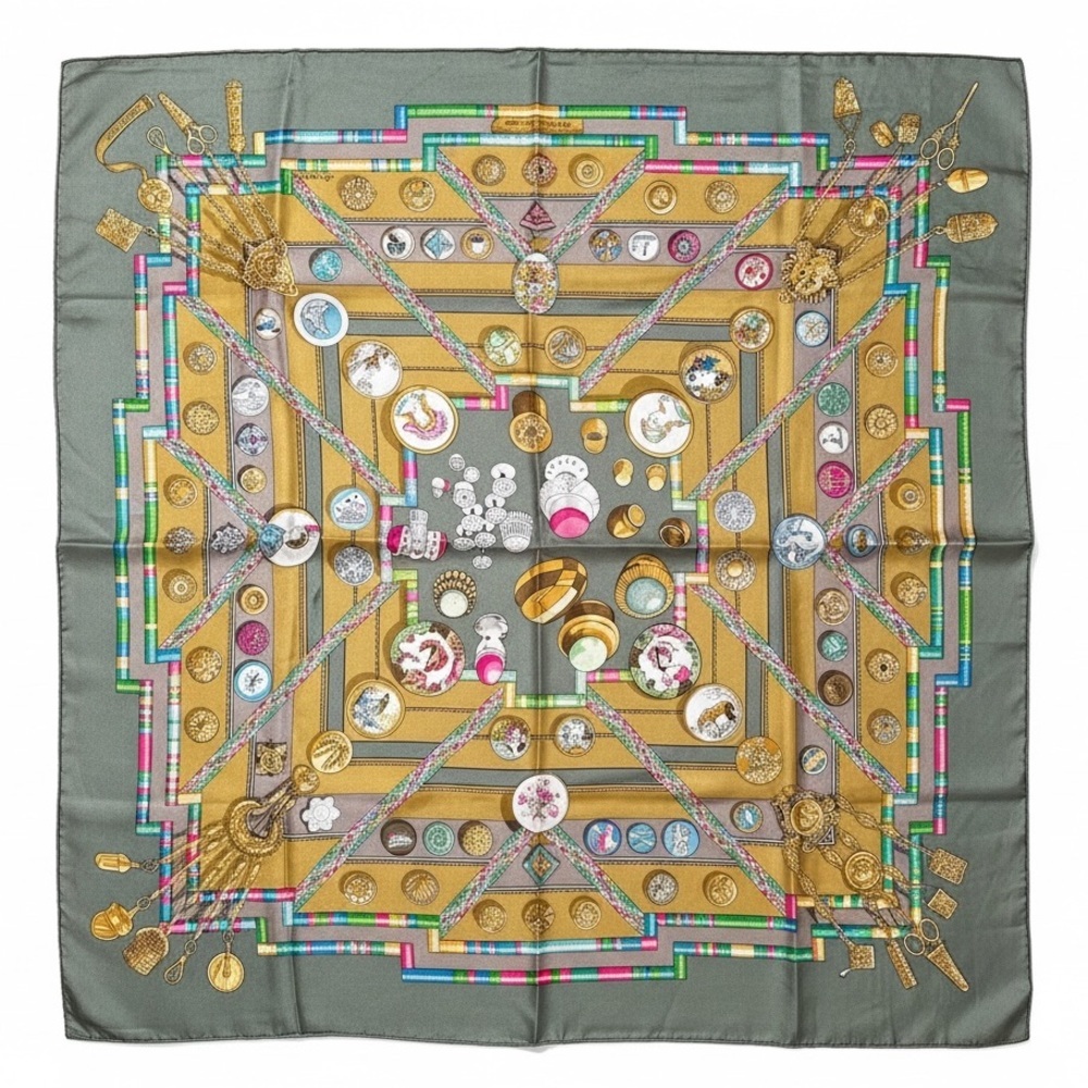 Hermès "Petit Main" (or "Couvée d'Hermès") silk scarf in Olive Multicolor
